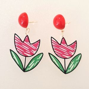 Red Tulip flower dangle pierced earrings perfect for Spring Gardening